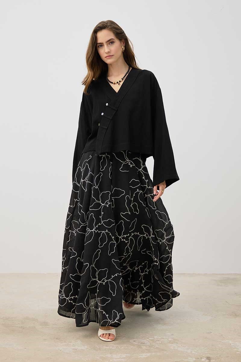 Sedef Düğmeli Keten Kimono Siyah
