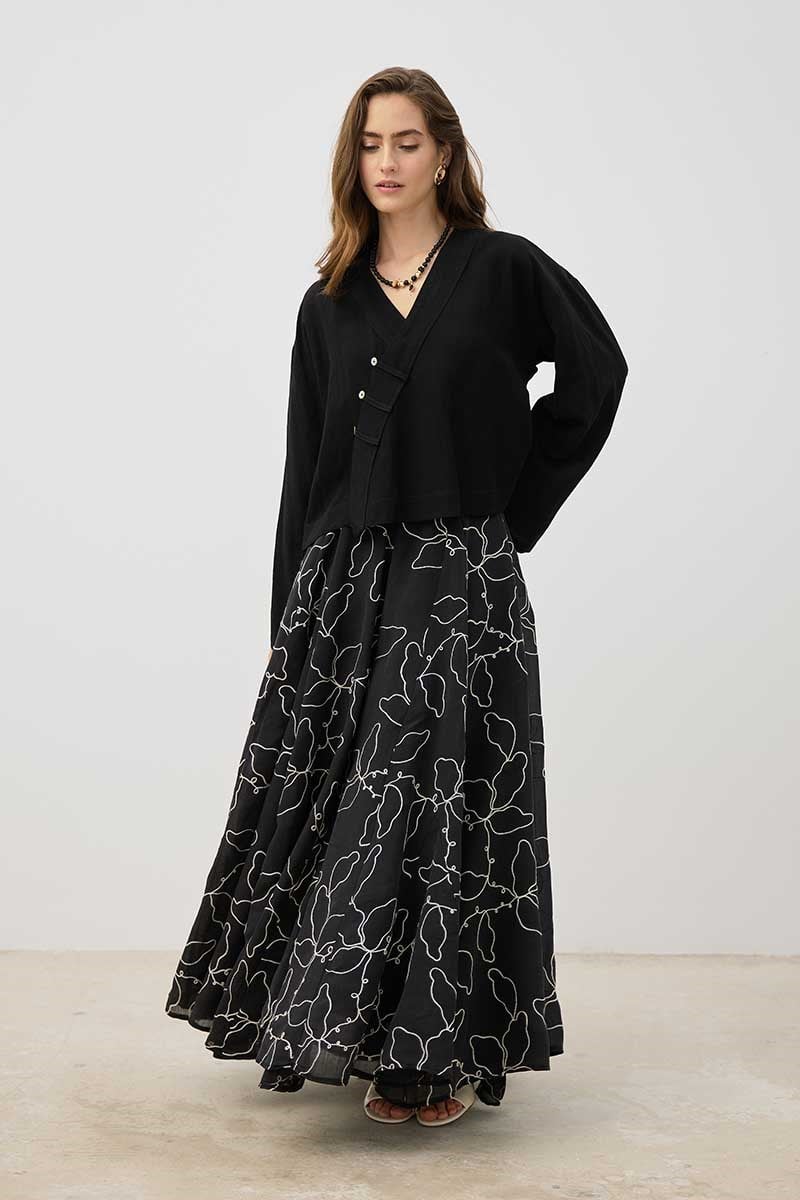 Sedef Düğmeli Keten Kimono Siyah