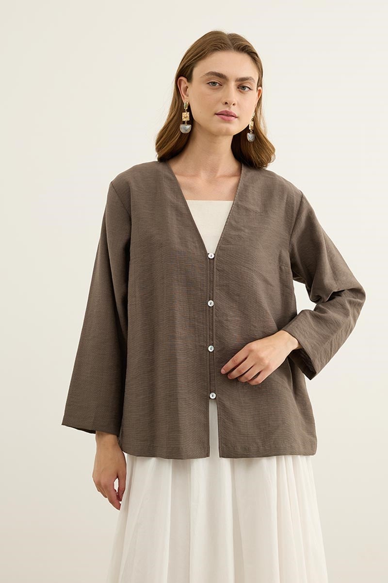 Sedef Düğmeli Kimono Koyu Vizon