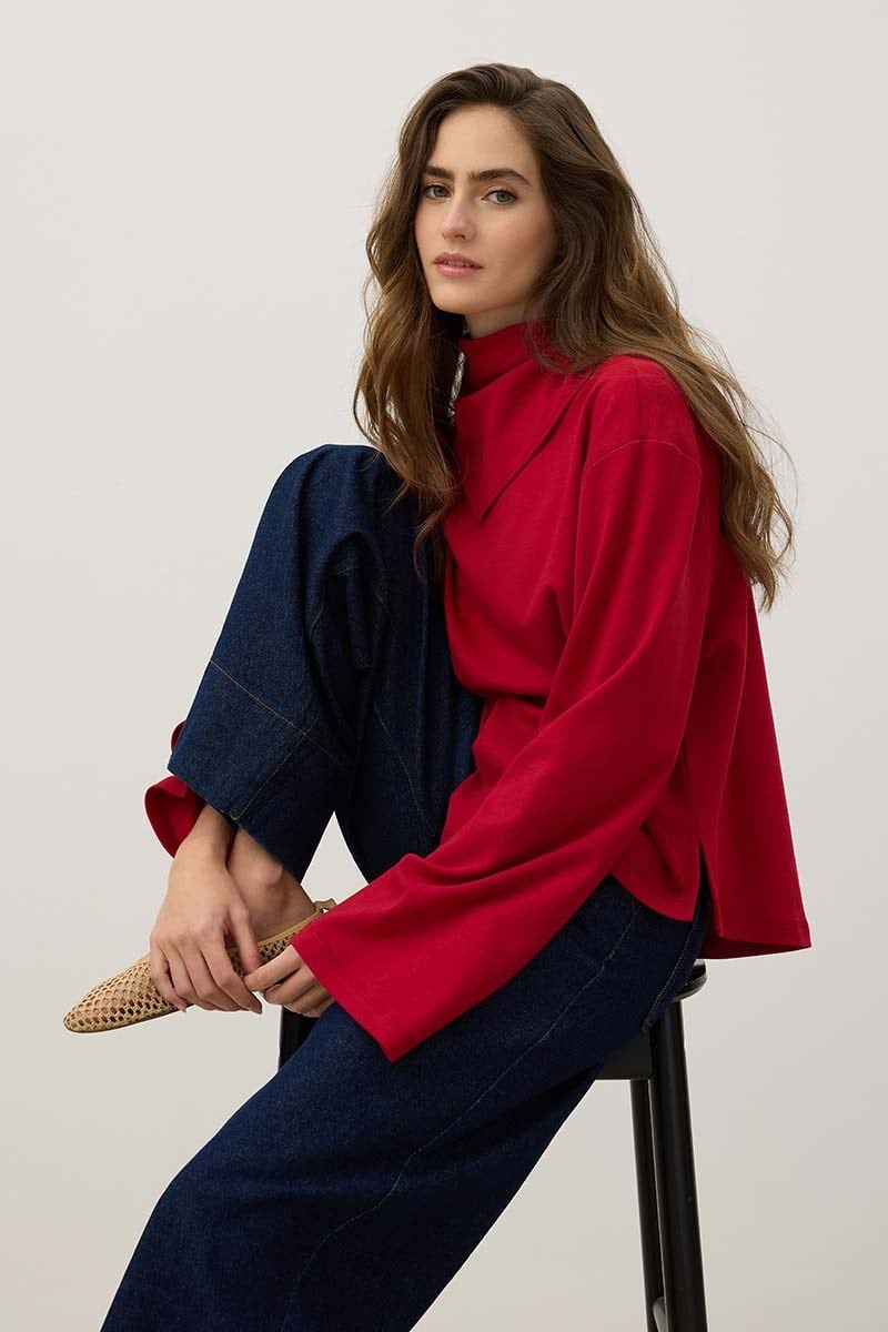 Seyyar Parçalı %100 Pamuk Sweatshirt Kırmızı