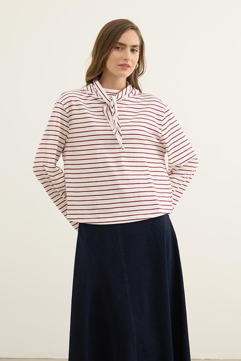 Seyyar Parçalı Çizgili Sweatshirt Kırmızı