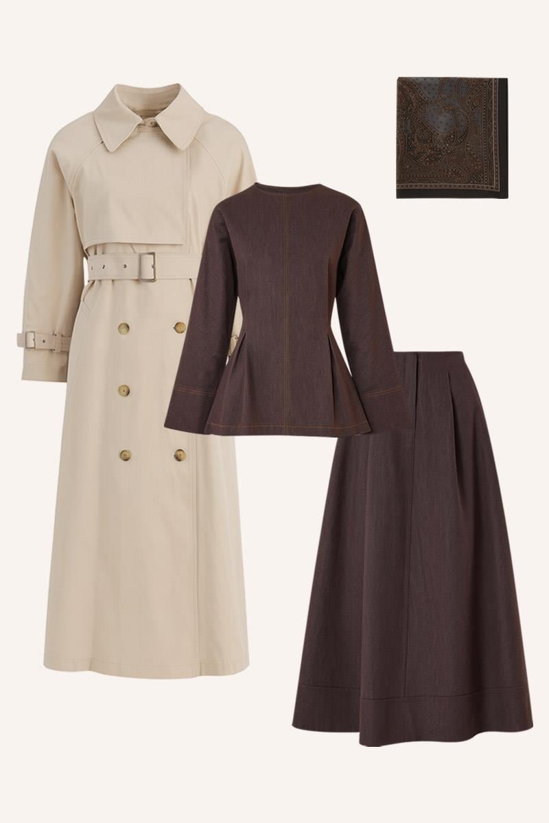 Tokalı Trençkot, Kot Bluz, Kot Etek Kombin