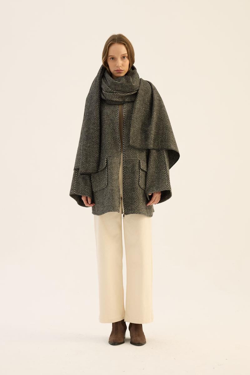 Tüylü Balıksırtı Desen Ceket