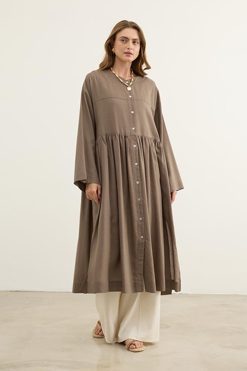 Uzun Kimono Tunik Koyu Vizon