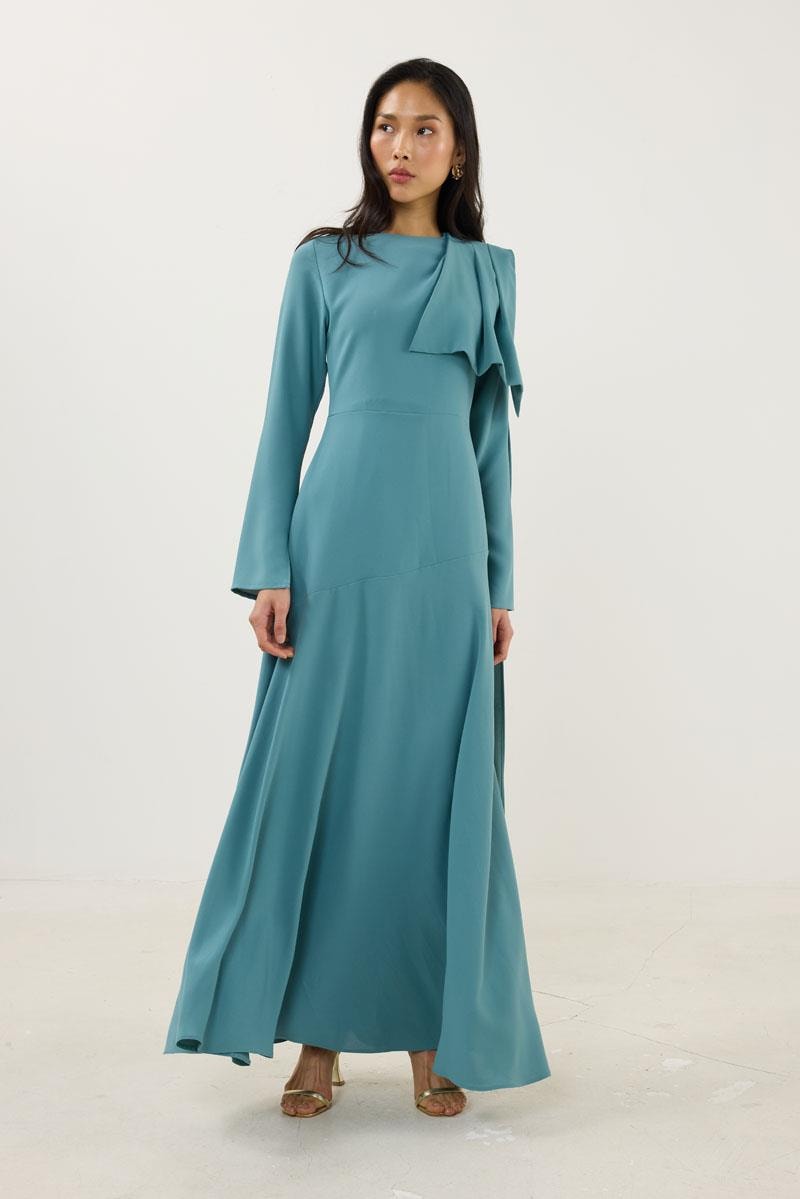 Verev Kesimli Abiye Elbise Koyu Mint