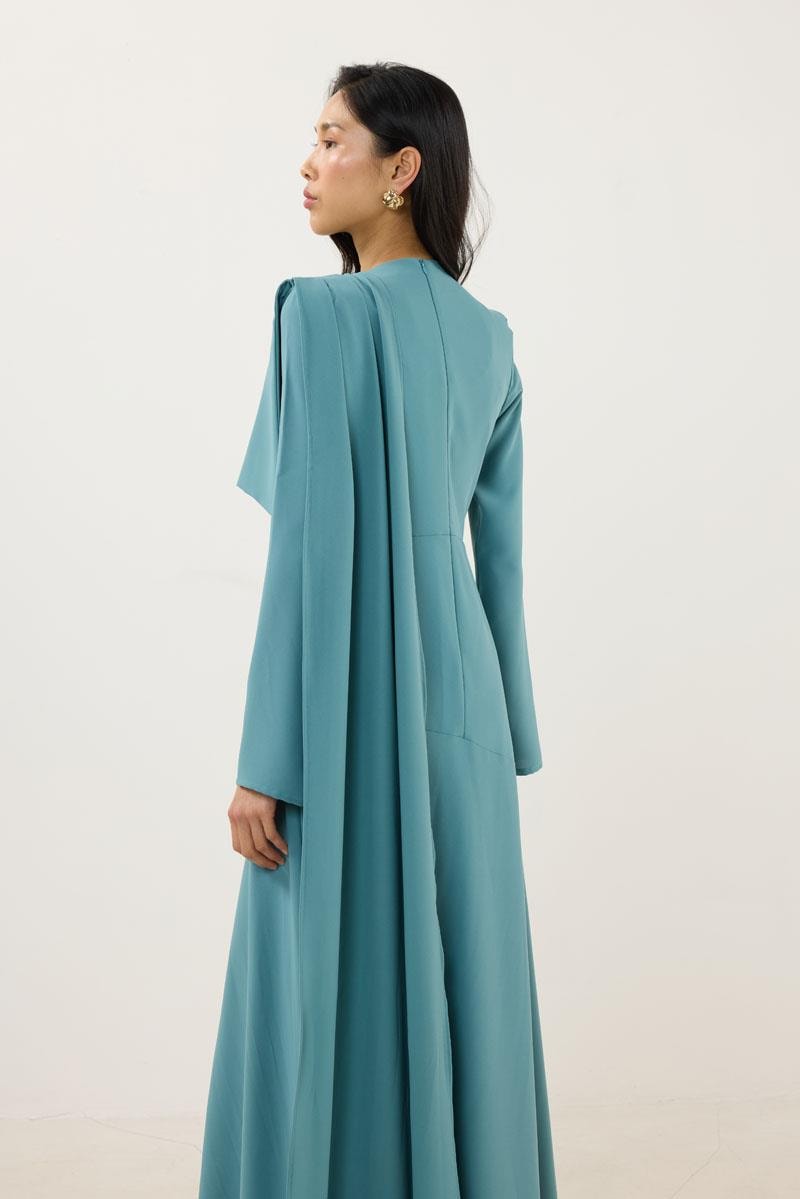 Verev Kesimli Abiye Elbise Koyu Mint