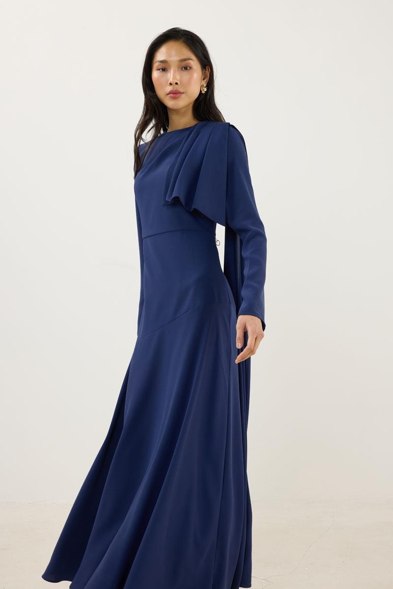 Verev Kesimli Abiye Elbise Lacivert