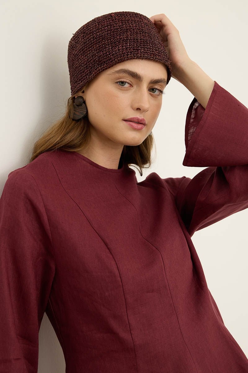 Volanlı %100 Keten Bluz Bordo