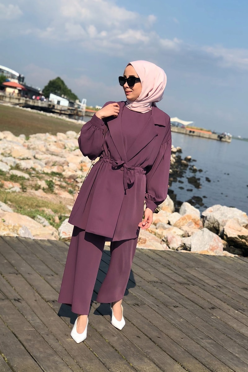 Trend Ceket Pantolon İç Tunik Takım Mor