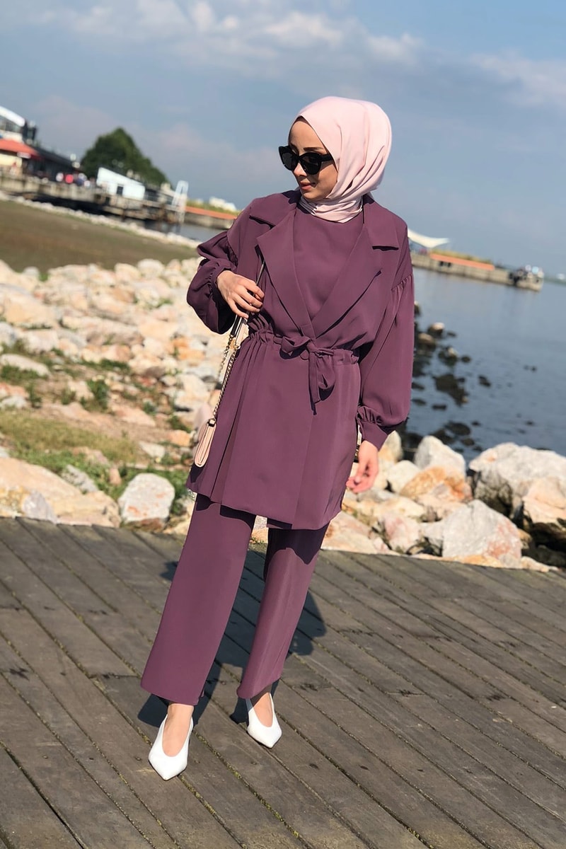 Trend Ceket Pantolon İç Tunik Takım Mor