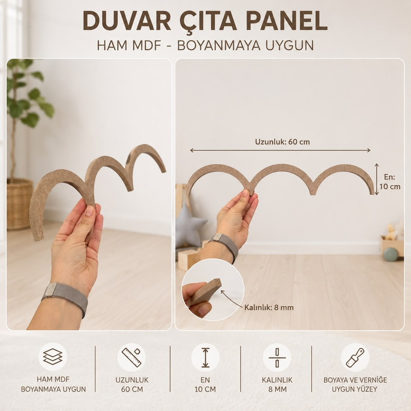 cita-01Mdf 60 x 10 cm Yarım Daire duvar çıta paneli Ham MDF