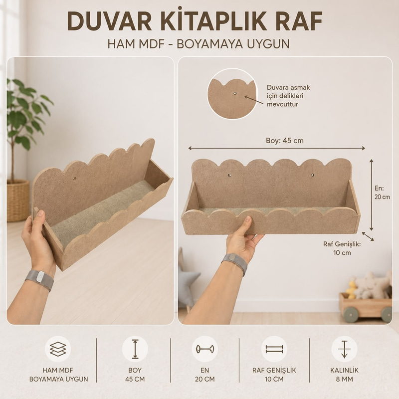 RAF-K1Mdf 45 x 20 cm Kitaplık Rafı Ham MDF