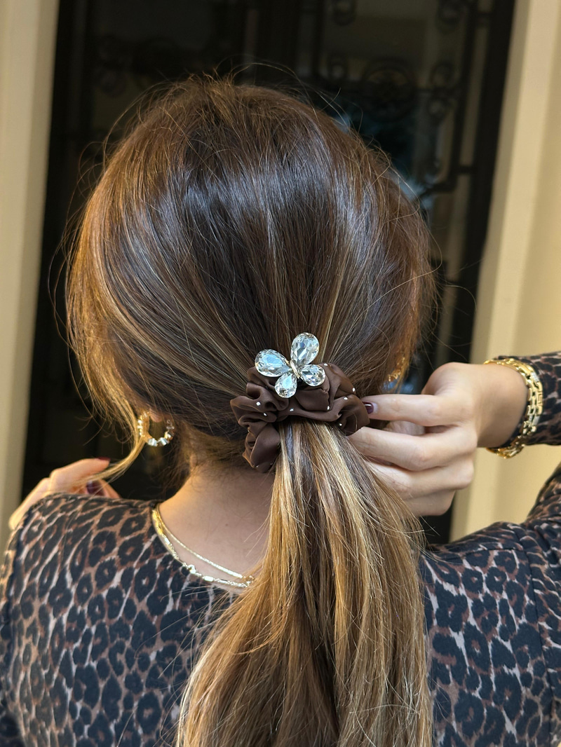 Kristal Kelebekli Premium Scrunchie Toka Kahve