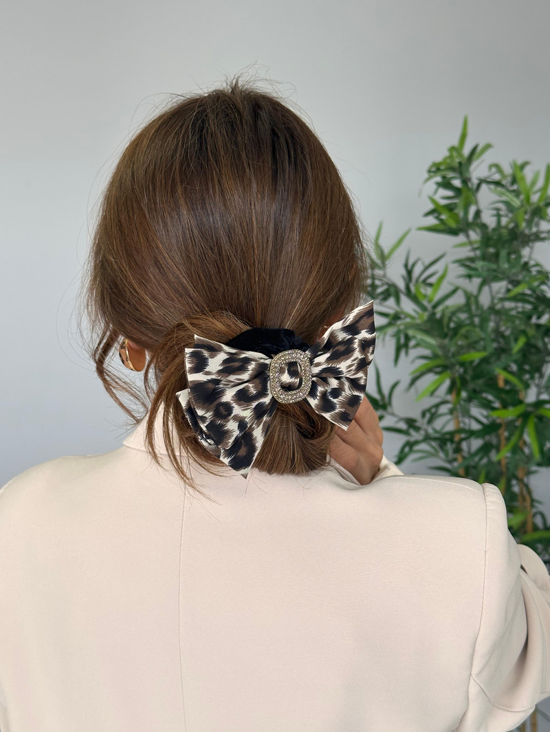 Kristal Taşlı Leopar Kadife Scrunchie Toka Siyah