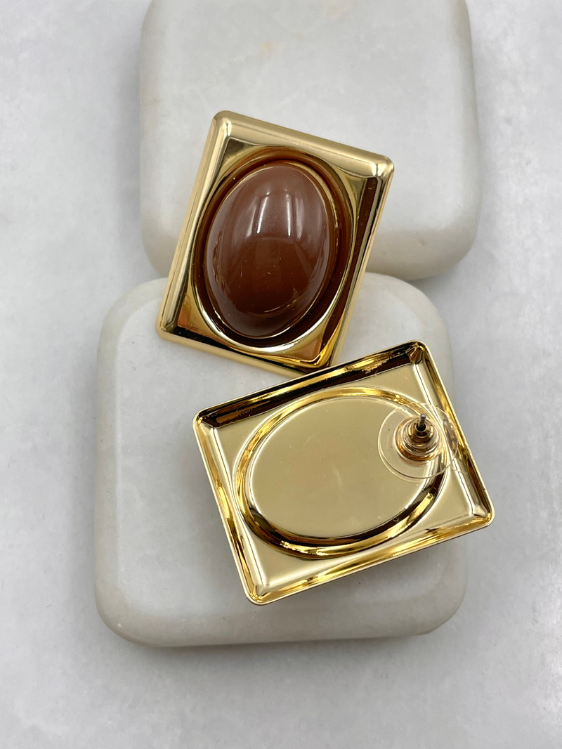Oval Taşlı Dikdörtgen Vintage Küpe Kahve