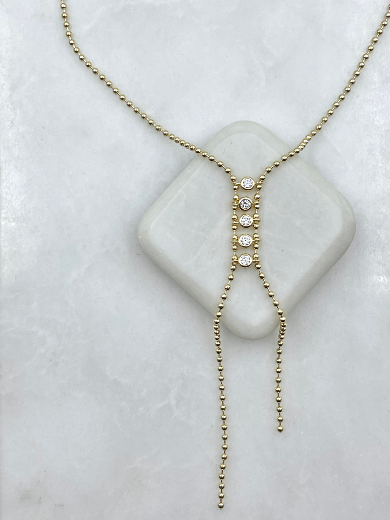 Beşli Kristal Taşlı Topçuk Zincir Y Kolye Gold