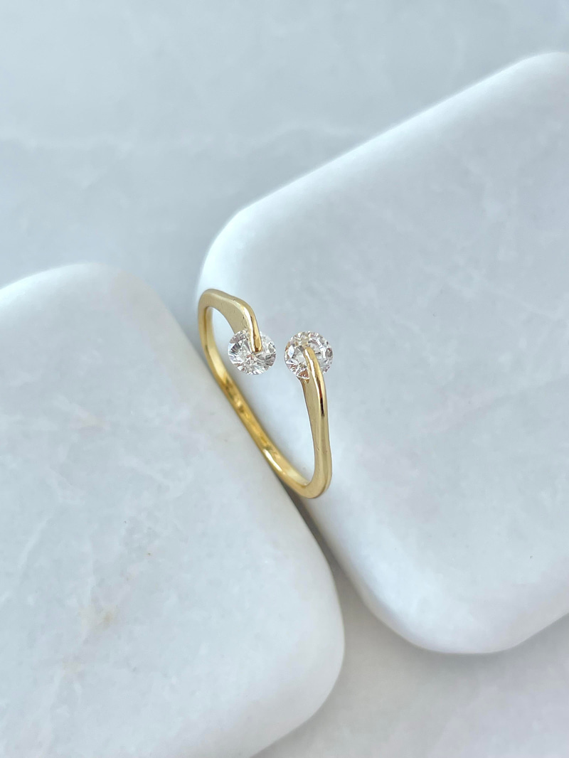 Altın Kaplama İkili Kristal Taşlı Minimal Yüzük Gold