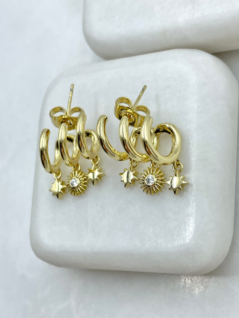 Özel Seri Üçlü Görünüm Güneş ve Yıldız Model Küpe Gold