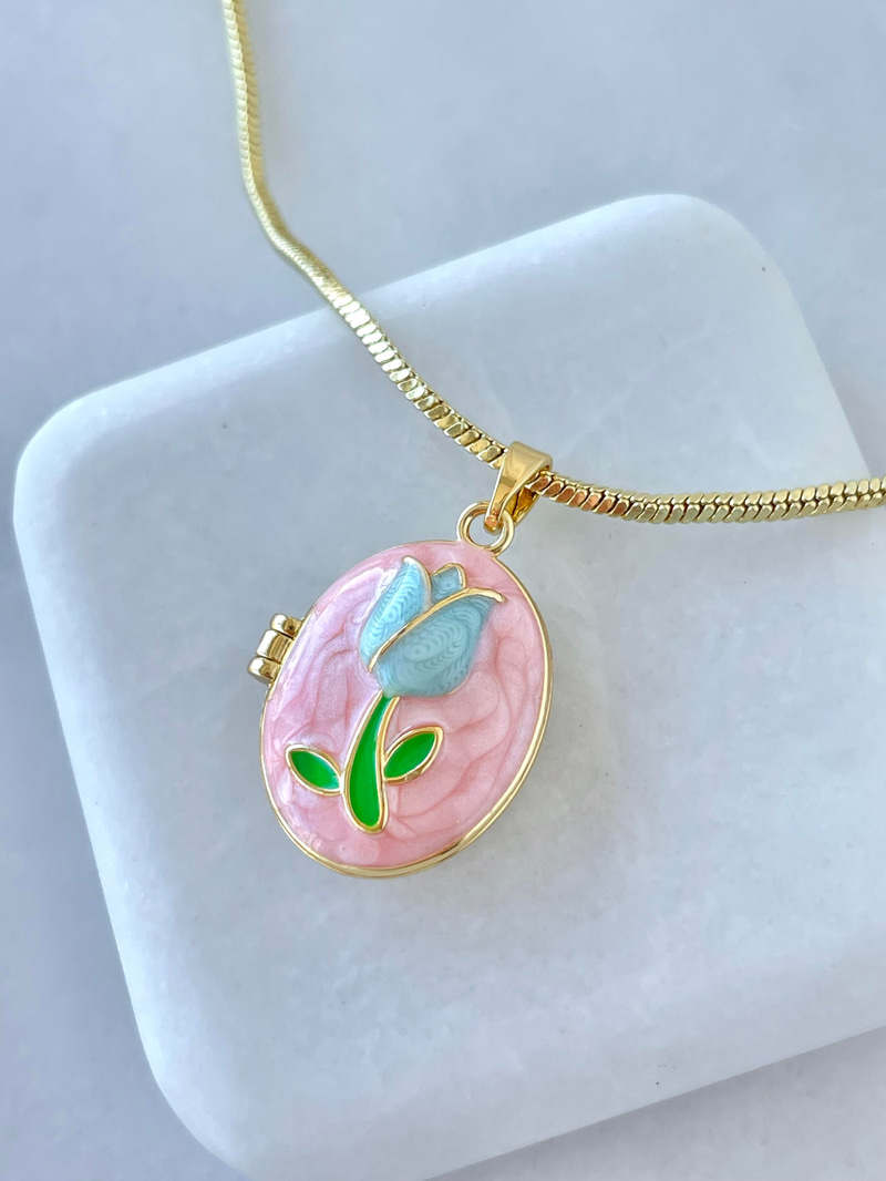 Altın Kaplama Mineli Kapaklı Lale Model Kolye Pembe