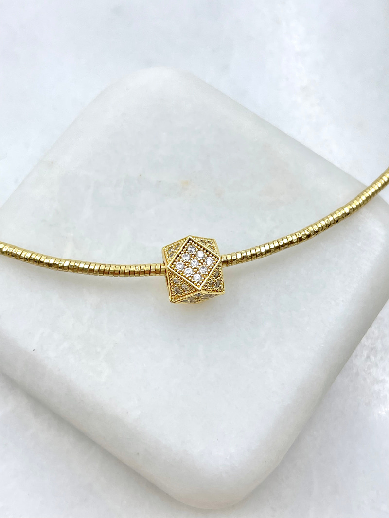 Altın Kaplama Taşlı Küp Charmlı Işıltılı Tel Kolye 40 cm Gold