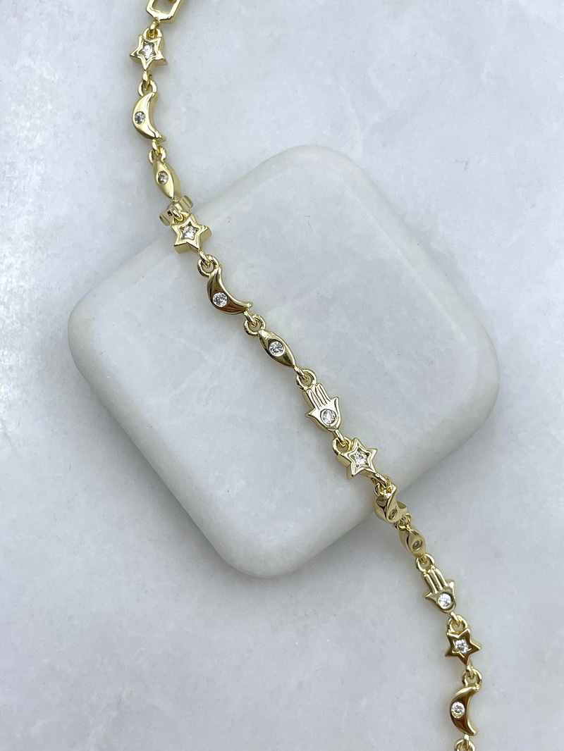 Altın Kaplama Kristal Taşlı Ay Yıldız Model Bileklik Gold