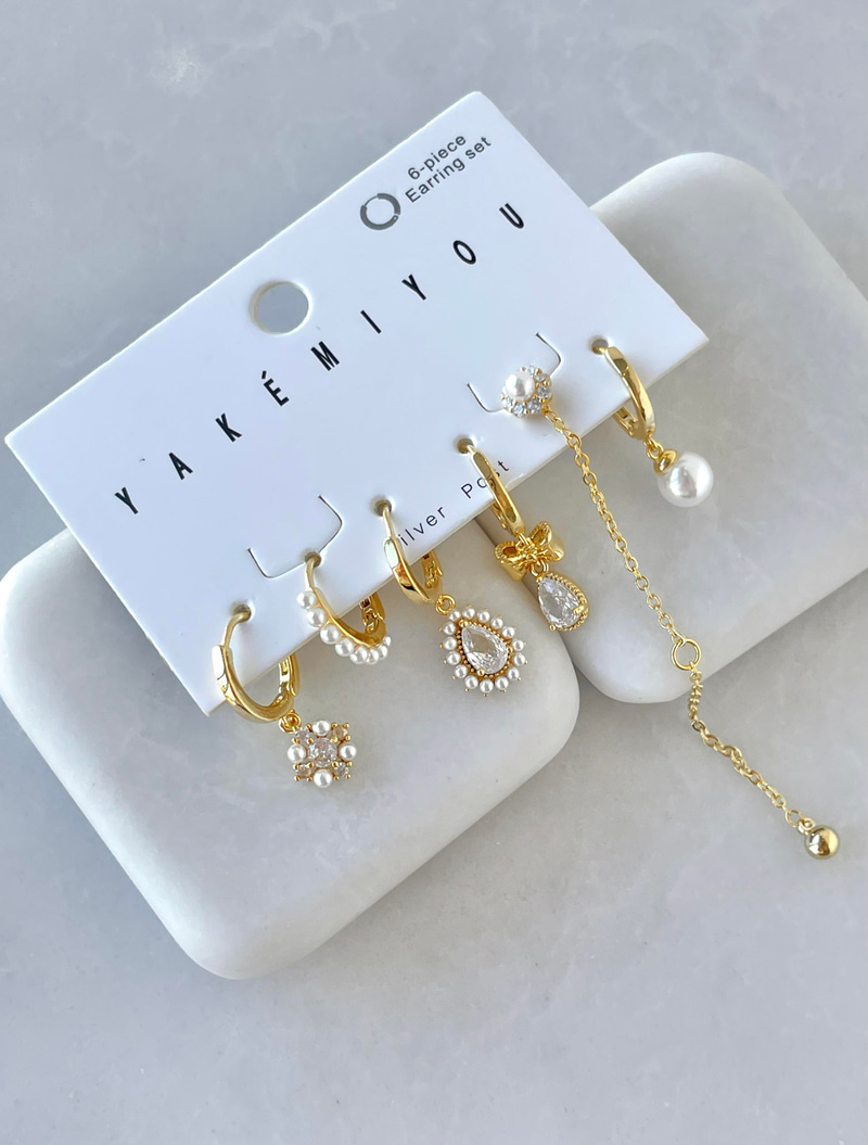 Özel Seri Altılı İnci ve Damla Sallantılı Kristal Taşlı Küpe Gold