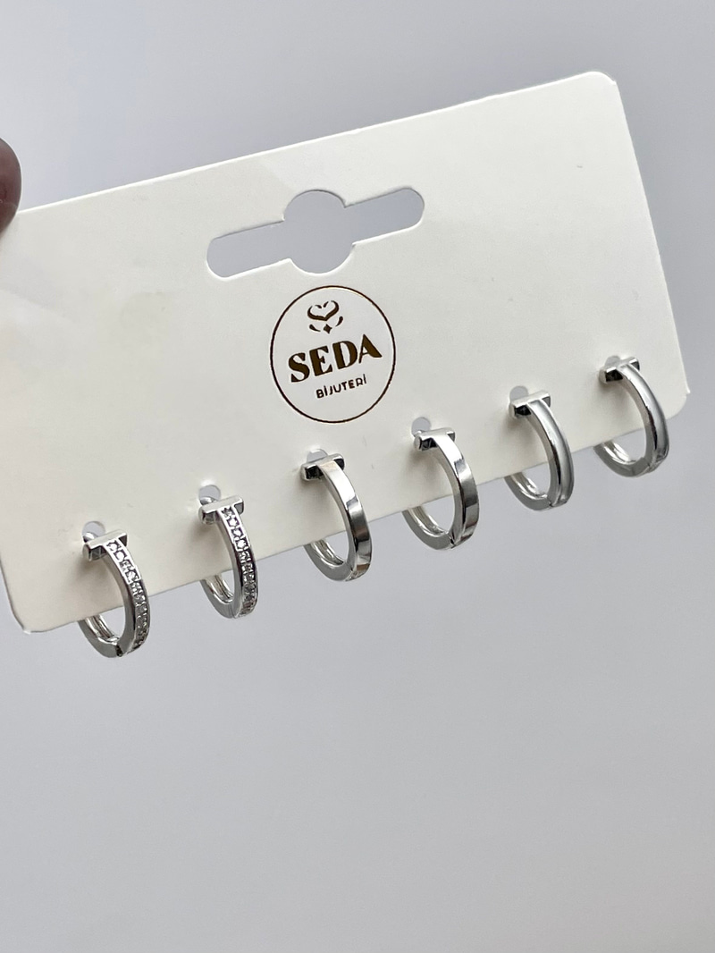 Sedefli ve Gömme Taşlı Çivi Model Altılı Set Küpe Gümüş