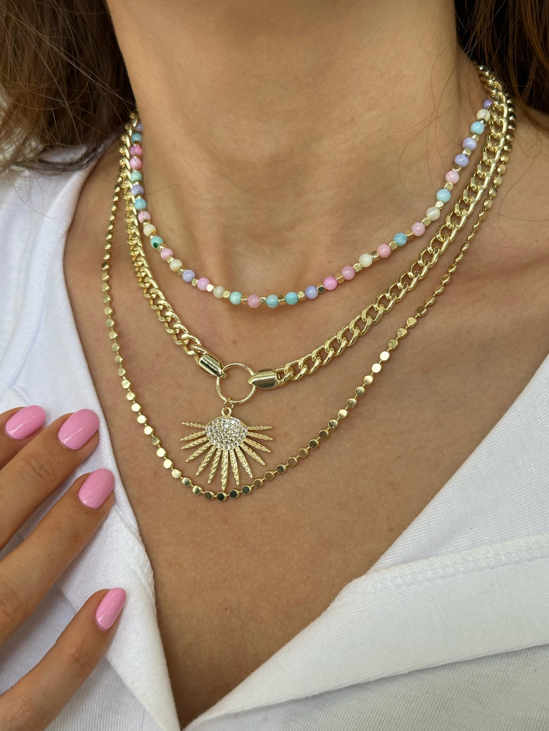 Pastel Renkli Topçuk Kolye Gold