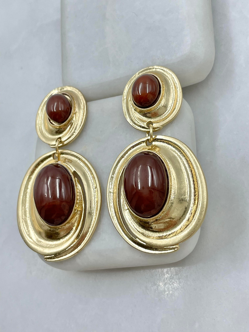 Altın Kaplama Daire Sallantılı Opal Taşlı Vintage Küpe Kahve