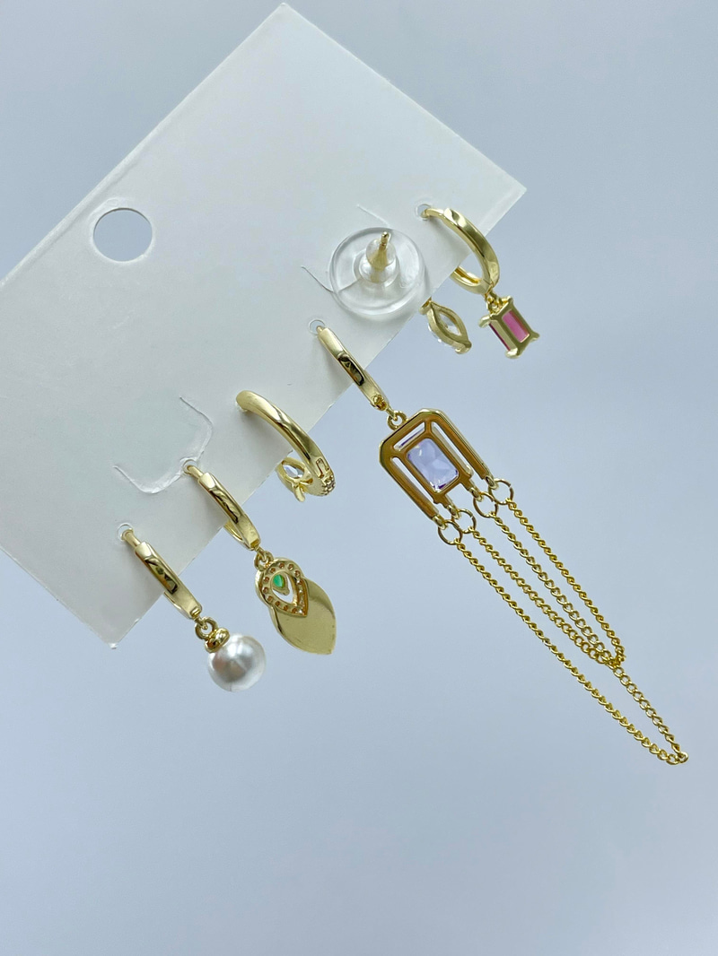 Özel Seri Altılı Renkli Kristal Taşlı ve İncili Küpe Seti Gold