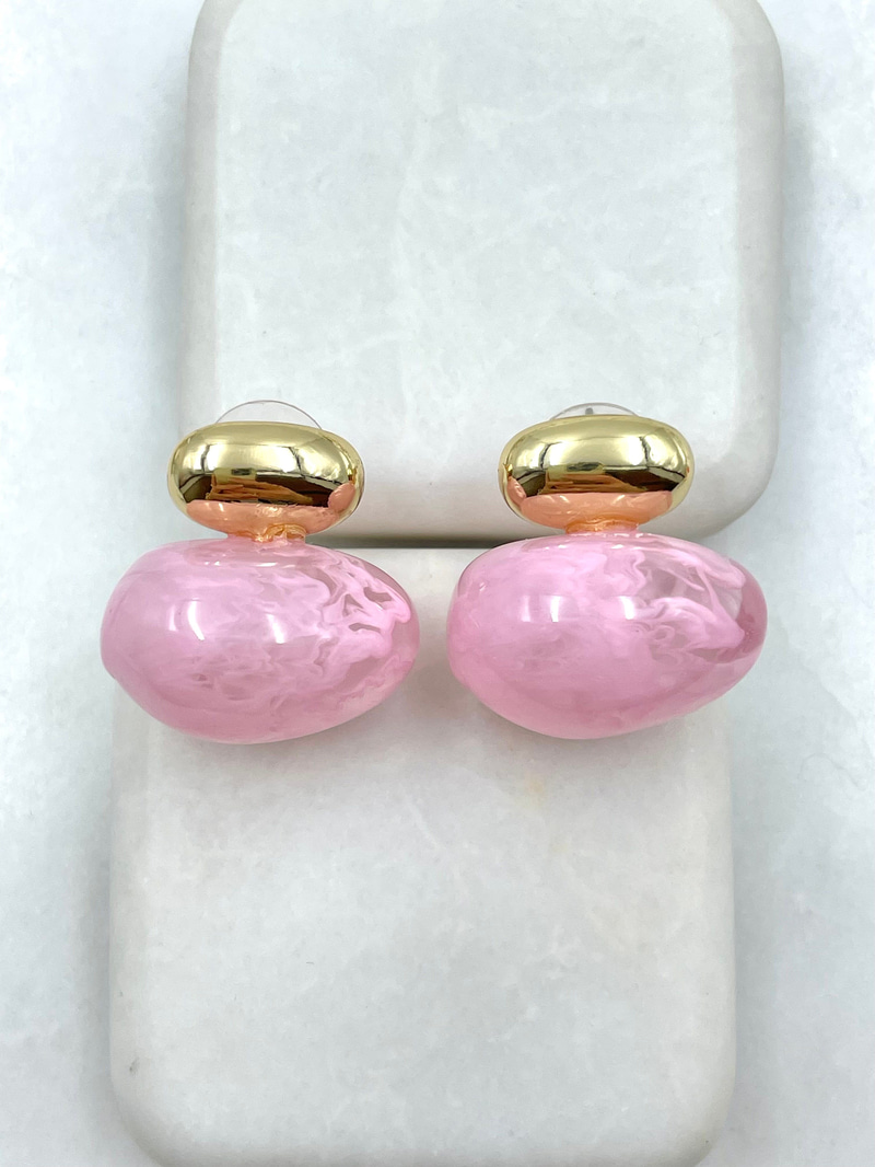 Gold Detaylı Opal Taşlı Vintage Oval Küpe Pembe