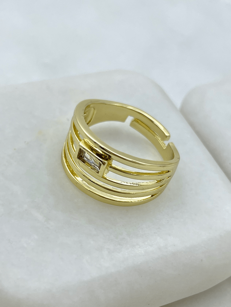 Altın Kaplama Kare Kristal Taşlı Beş Sıra Yüzük Gold