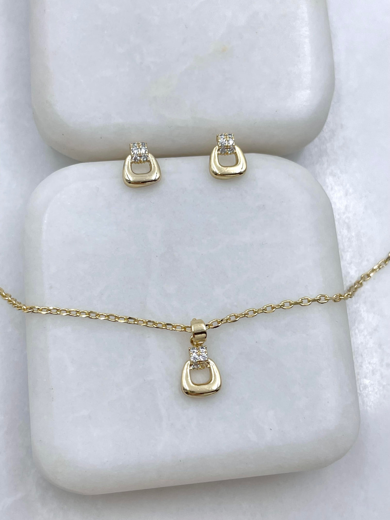 Özel Seri Gömme Taşlı Minimal Tasarım Kolye ve Küpe Seti Gold