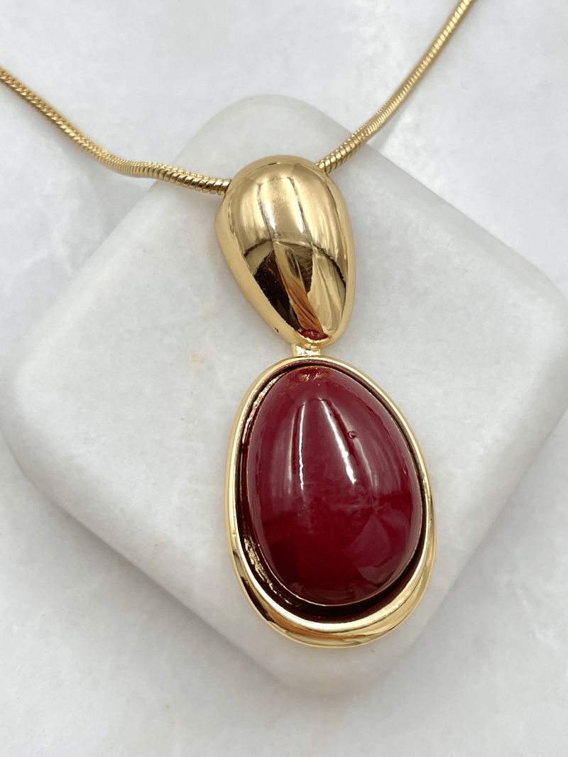 Altın Kaplama Gold Detaylı Oval Taş Model Asansör Kolye Bordo