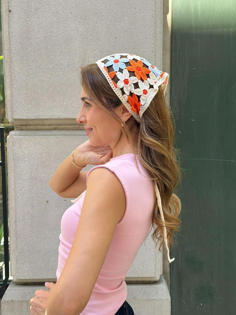 Papatya Motifli Örgü Bandana Turuncu