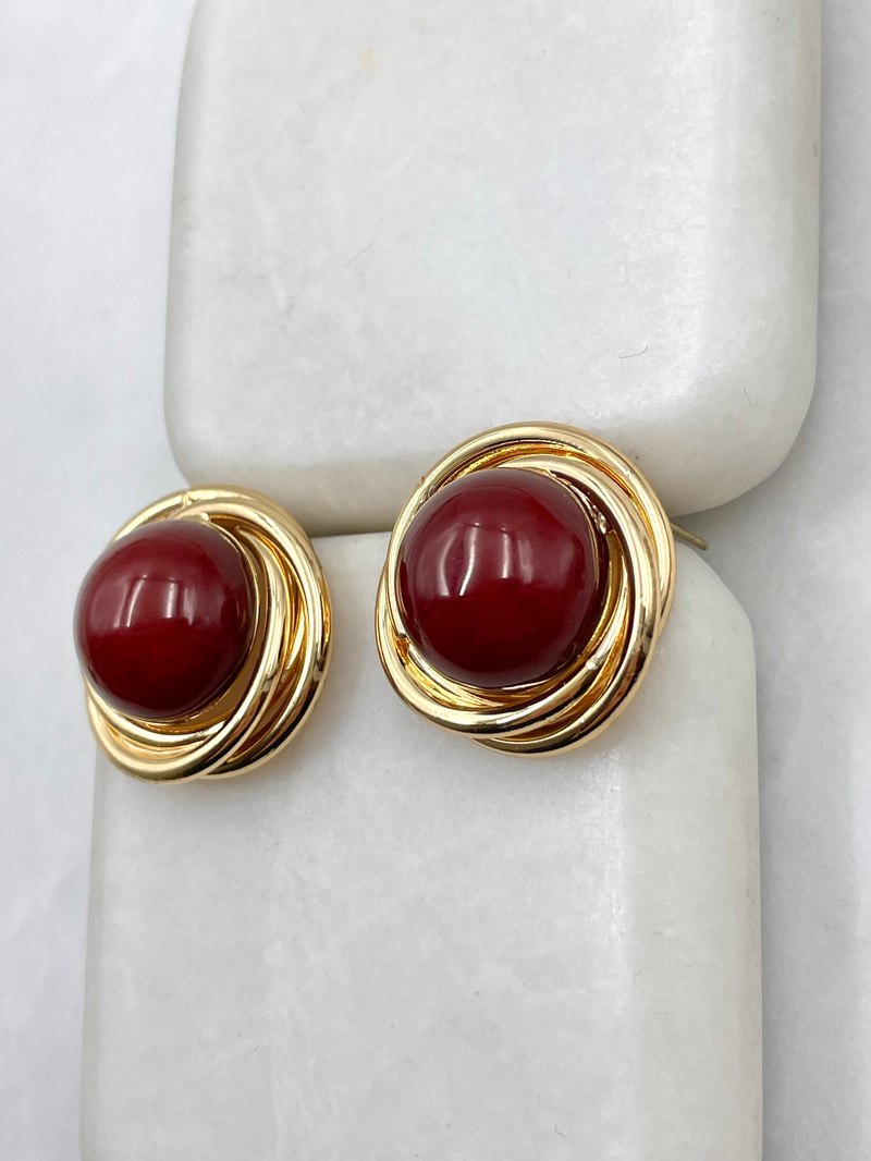 Bordo Taş Gold Sarmal Vintage Küpe Gold