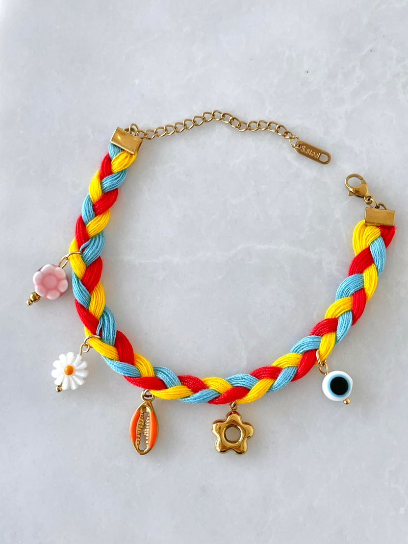 Çelik Charm Sallantılı Turuncu Örgü İp Bileklik Gold