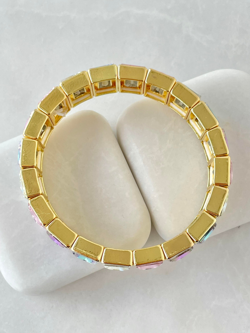 Dikdörtgen Renkli Kristal Taşlı Porselen Lastik Bileklik Gold