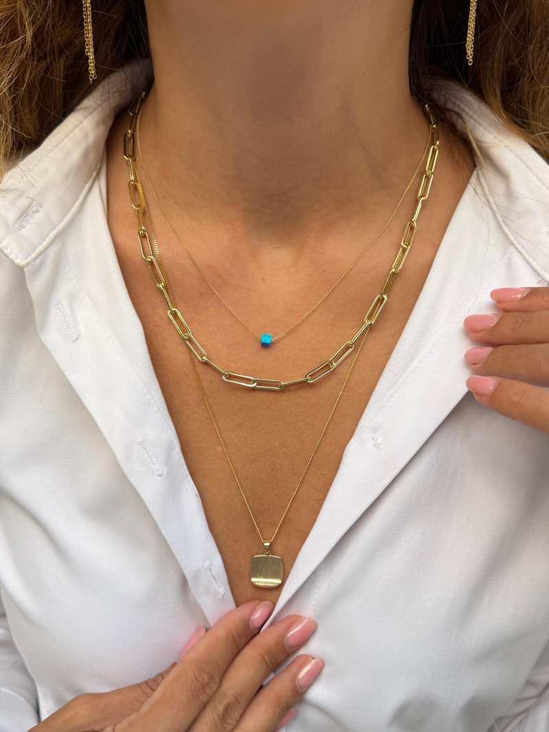 Özel Seri Opal Taşlı Minimal Küp Kolye Mavi Gold