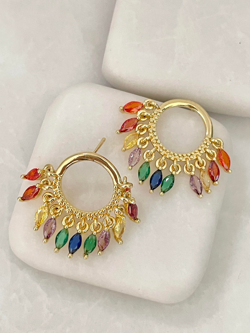 Altın Kaplama Renkli Kristal Taş Sallantılı Daire Küpe Gold