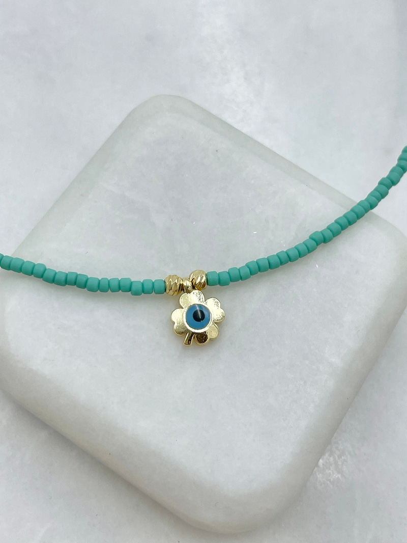 Altın Kaplama Yonca Sallantılı Turkuaz Boncuk Kolye Gold