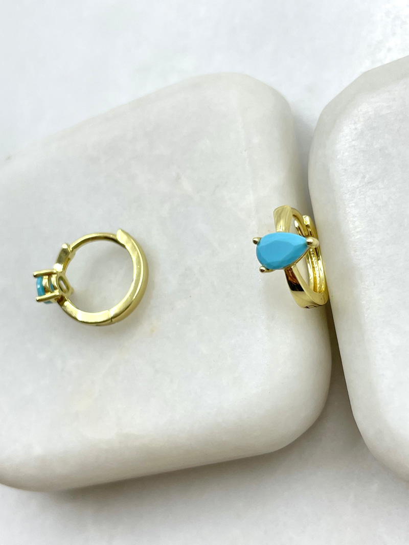 Özel Seri Mavi Taşlı Minimal Halka Küpe Gold