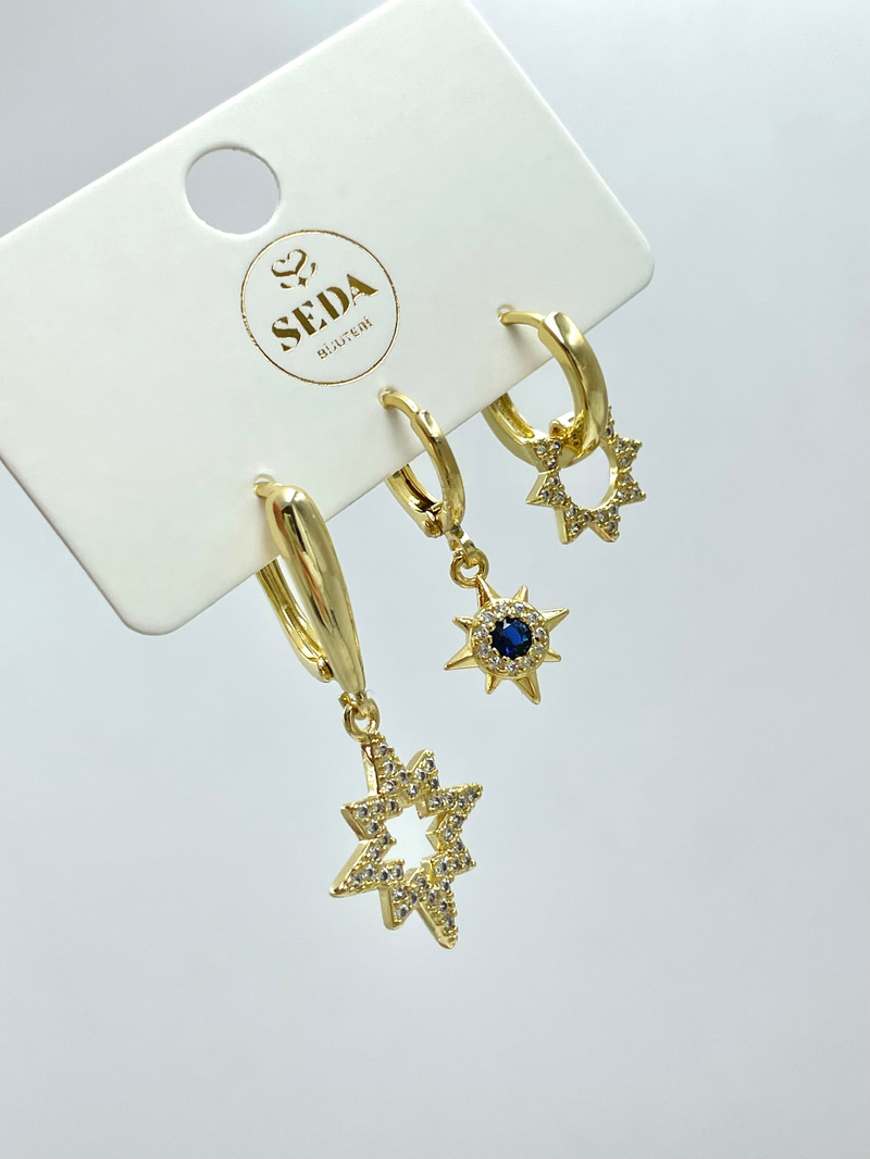 Altın Kaplama Güneş ve Yıldız Sallantılı Üçlü Set Küpe Gold