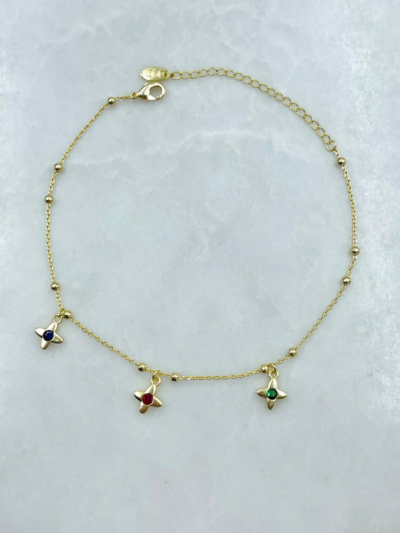 Altın Kaplama Renkli Kristal Taşlı Yıldız Sallantılı Topçuk Zincir Halhal Gold