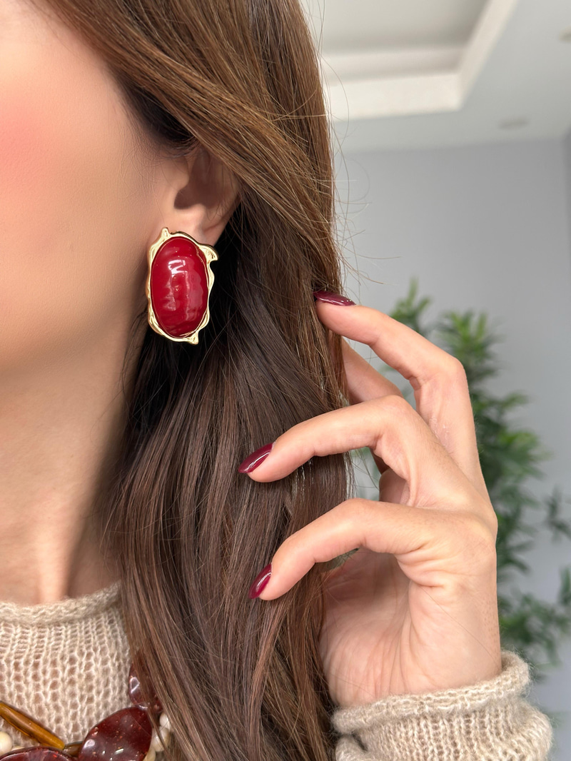 Oval Vintage Bordo Küpe
