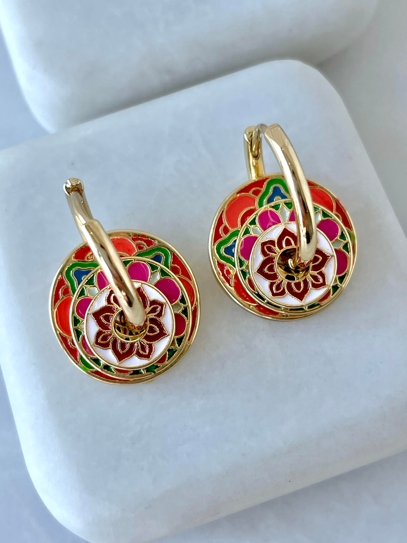 Charmlı Daire Model Etnik Küpe Turuncu-Pembe