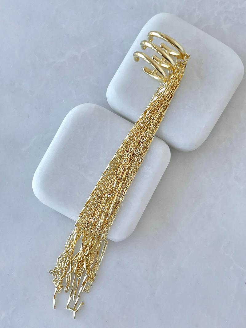Altın Kaplama Üç Sıra Uzun Zincir Sallantılı Kıkırdak Küpe Gold