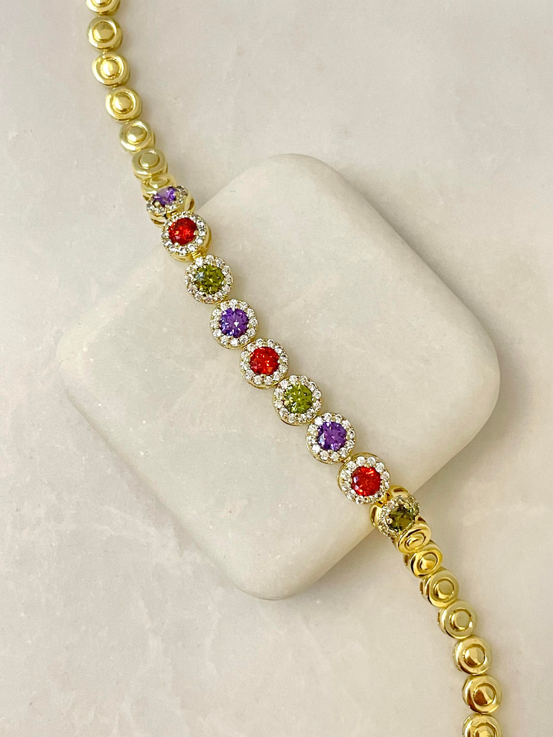 Özel Seri Renkli Kristal Taşlı Daire Bileklik Gold