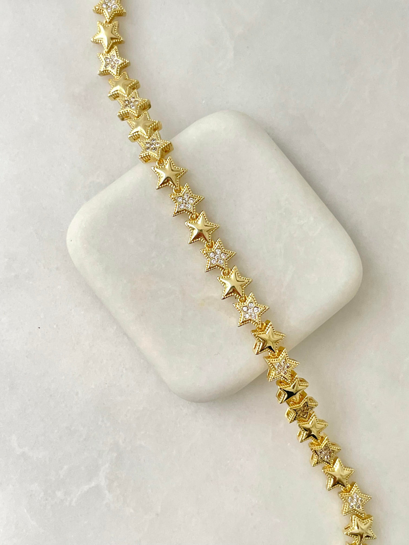 Altın Kaplam Zirkon Taşlı İşlemeli Yıldız  Bileklik Gold