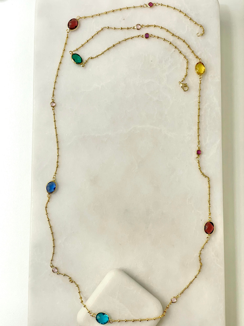 Altın Kaplama Renkli Oval Kristal Taşlı Topçuk Zincir Kolye Gold